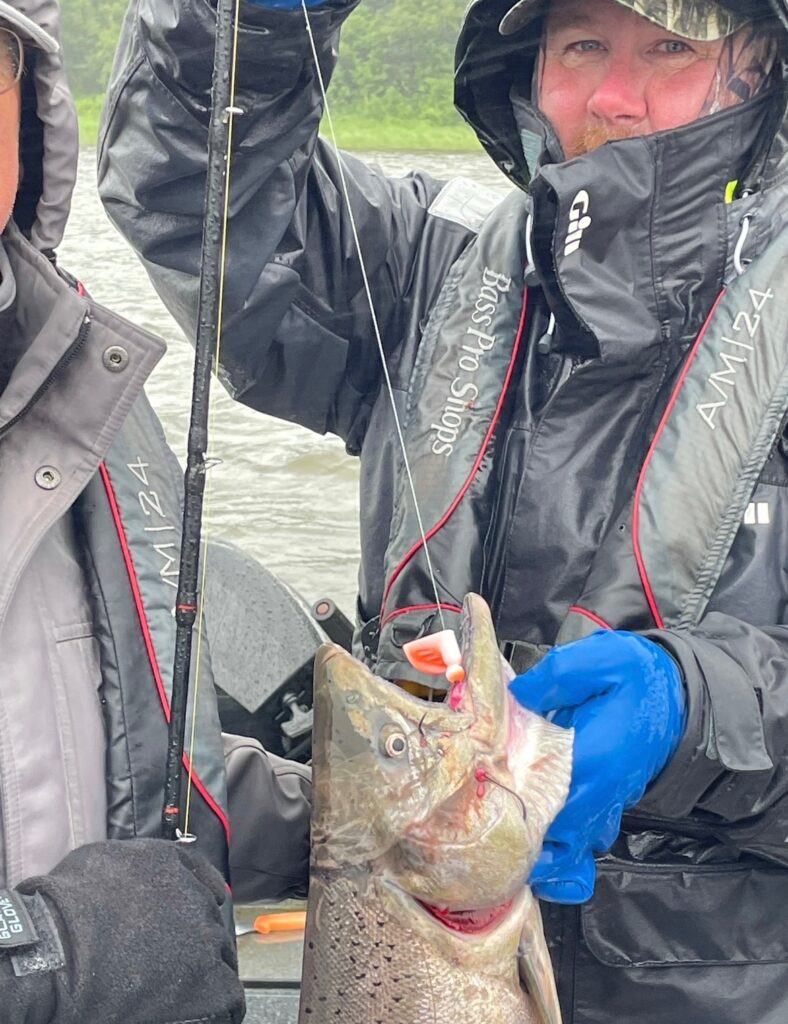 Two people holding a salmon caught with wacko clinch