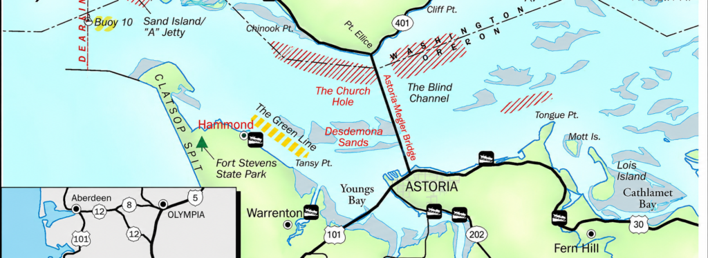 Map of Buoy10 fishing including hammond, church hole, astoria-megler bridge