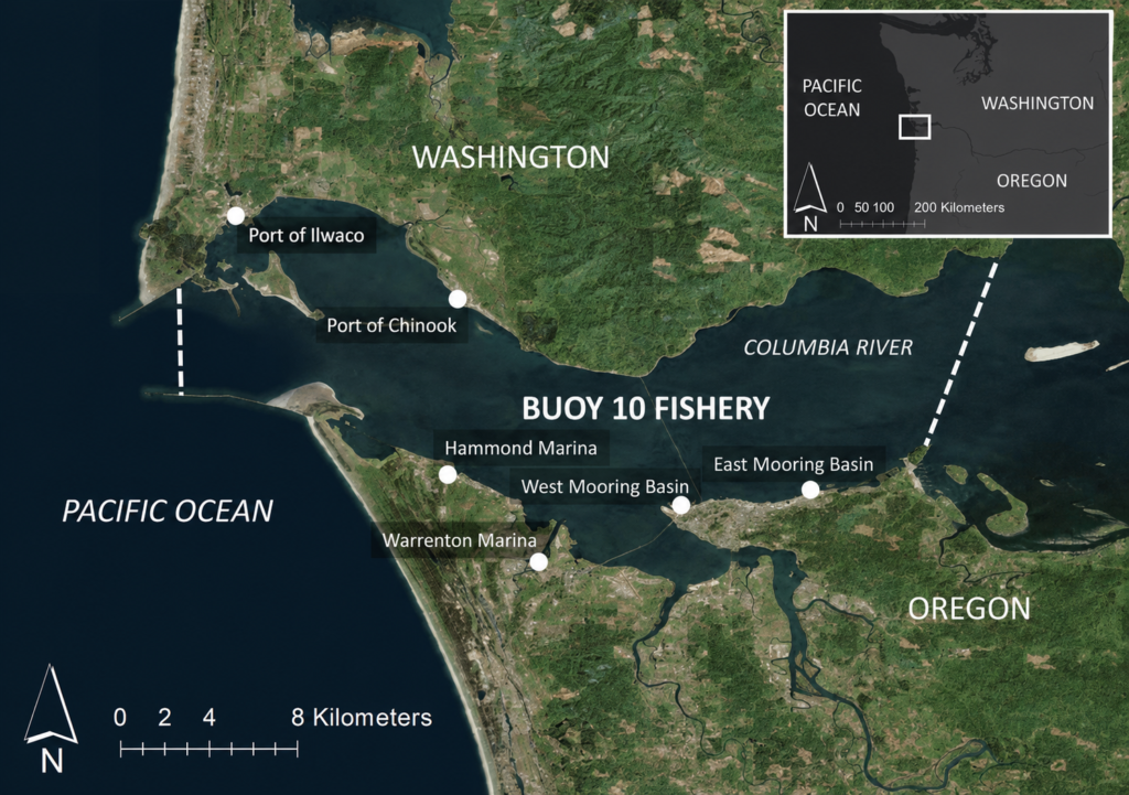 Map of Buoy 10 fishing areas near the Astoria-Megler Bridge